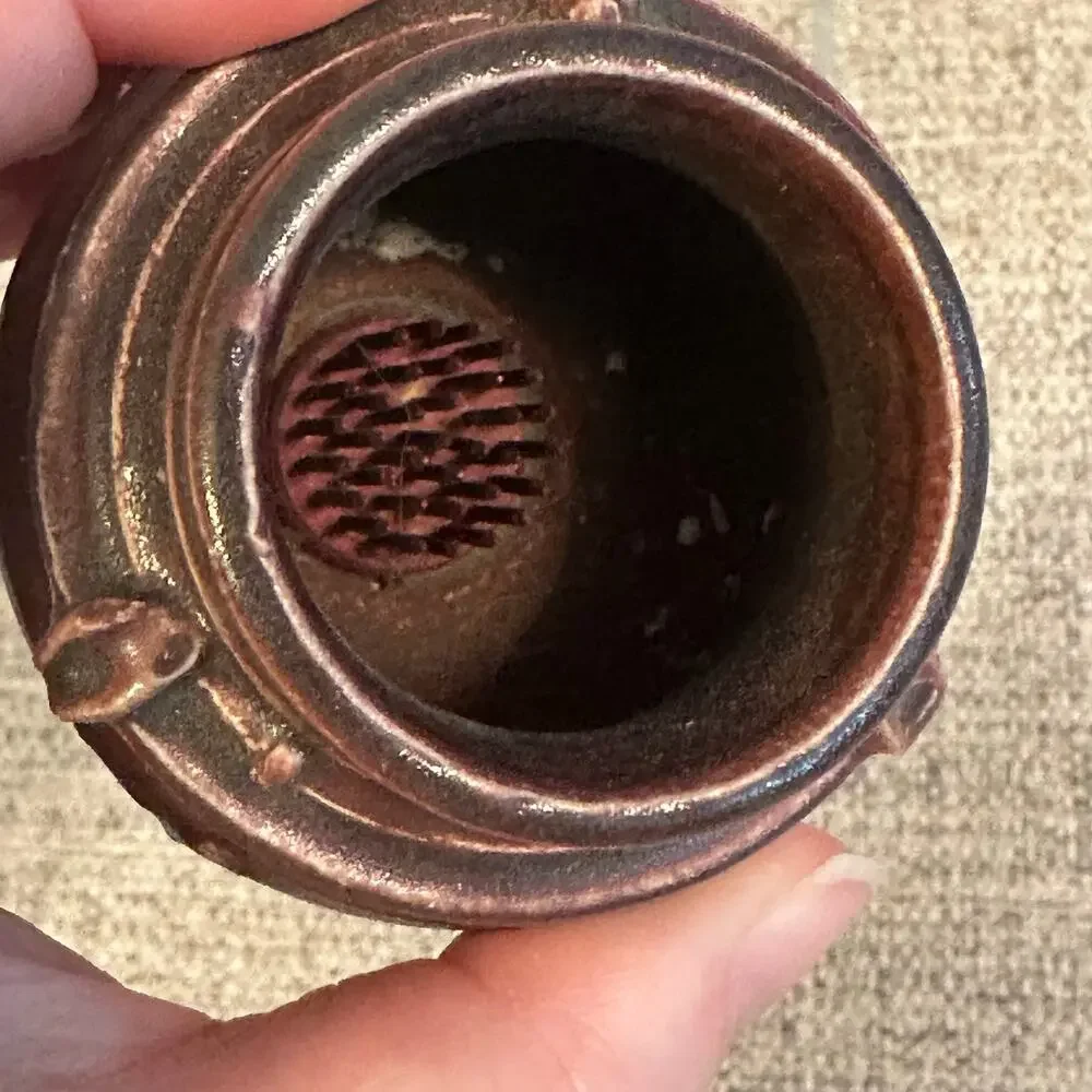 Signed Studio Pottery Mini Bud Vase w/ Builtin Flower Frog Sig on (illegible)